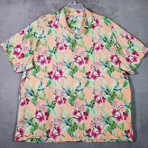Tommy Bahama Shirt Mens XXL Peach Tropical Floral Silk Short Sleeve Camp Aloha‎